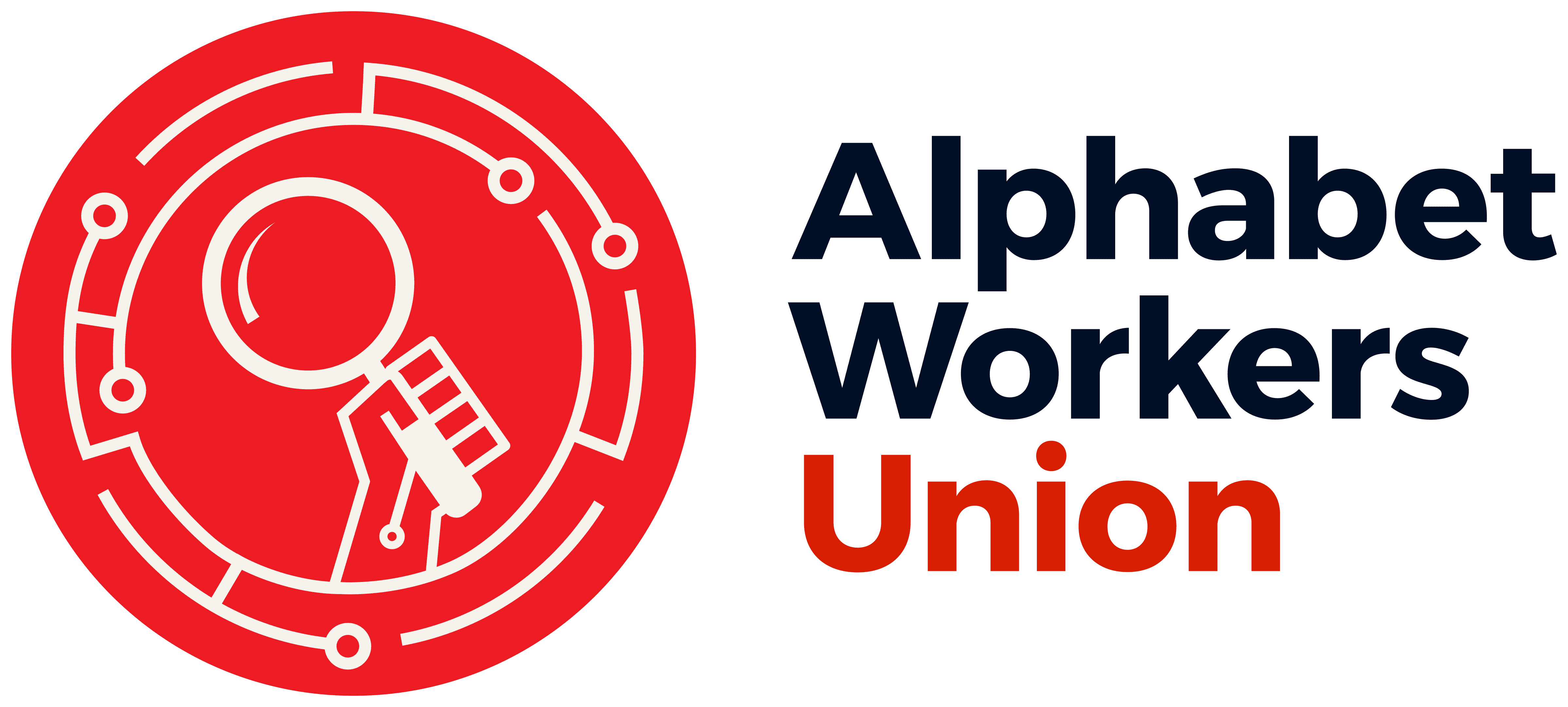 A red circle with a hand holding a stylized magnifying class (the search icon). On the right, the words Alphabet Workers Union.