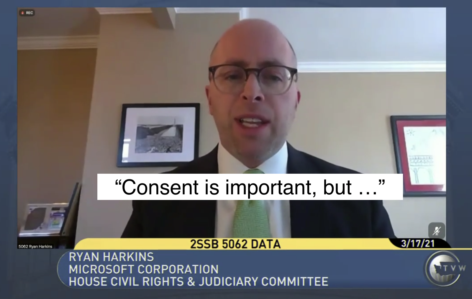A male in a tie and jacket saying "Consent is important, but ..." The chyron at the bottom identifies him as Ryan Harkins, Microsoft Corporation, testifying to the House Civil Rights & Judiciary Committee