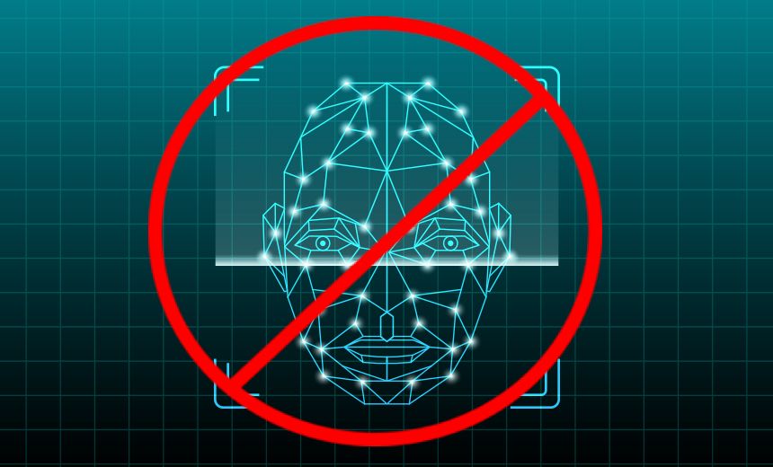 A red circle with a slash through it, and in the background a screenshot of facial recognition software showing a face overlaid with dots and lines