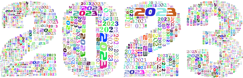 2023. Each digit is the combination of multiple smaller "2023"s in multiple colors