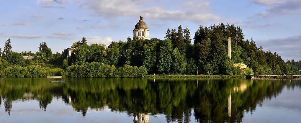 Trees reflected in a pond. In the background, the dome of a building, with columns below, also reflected in the pond.