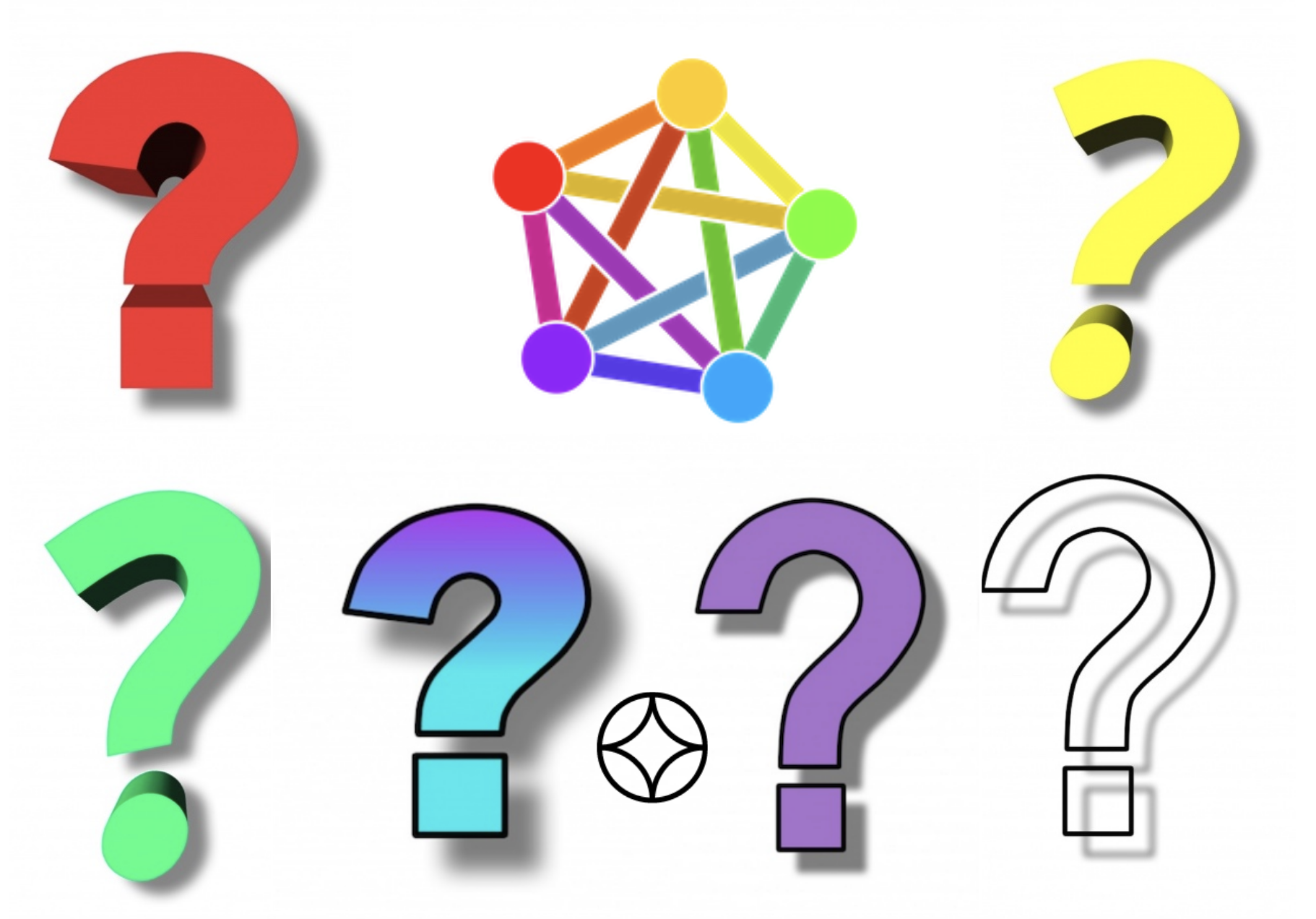 Six large multi-colored question marks. At the top, the multicolored fediverse pentagram. Below, the SWF logo