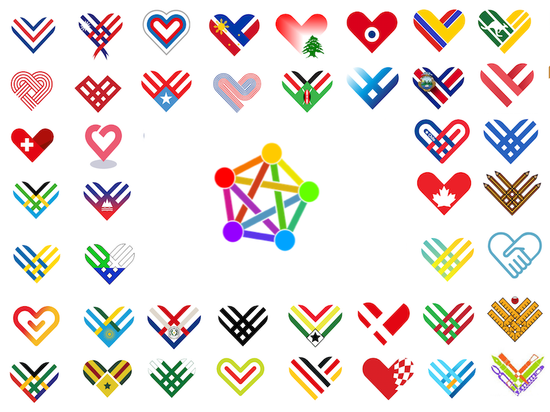 Dozens of stylized multi-colored hearts (the Giving Tuesday logo). In the center, a multicored pentagram fediverse logo