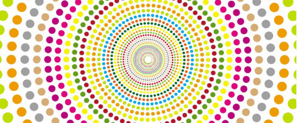 Concentric circles, each made up of multiple circles, in multiple bright colors