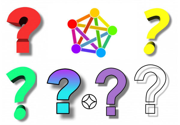 Six large multi-colored question marks. At the top, the multicolored fediverse pentagram. Below, the SWF logo