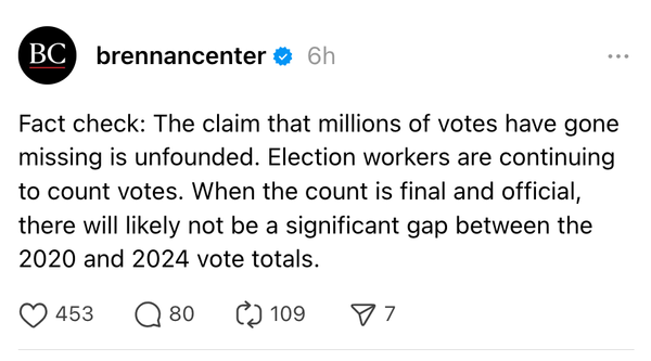 A post from the Brennan Center.  Fact check: The claim that millions of votes have gone missing is unfounded.